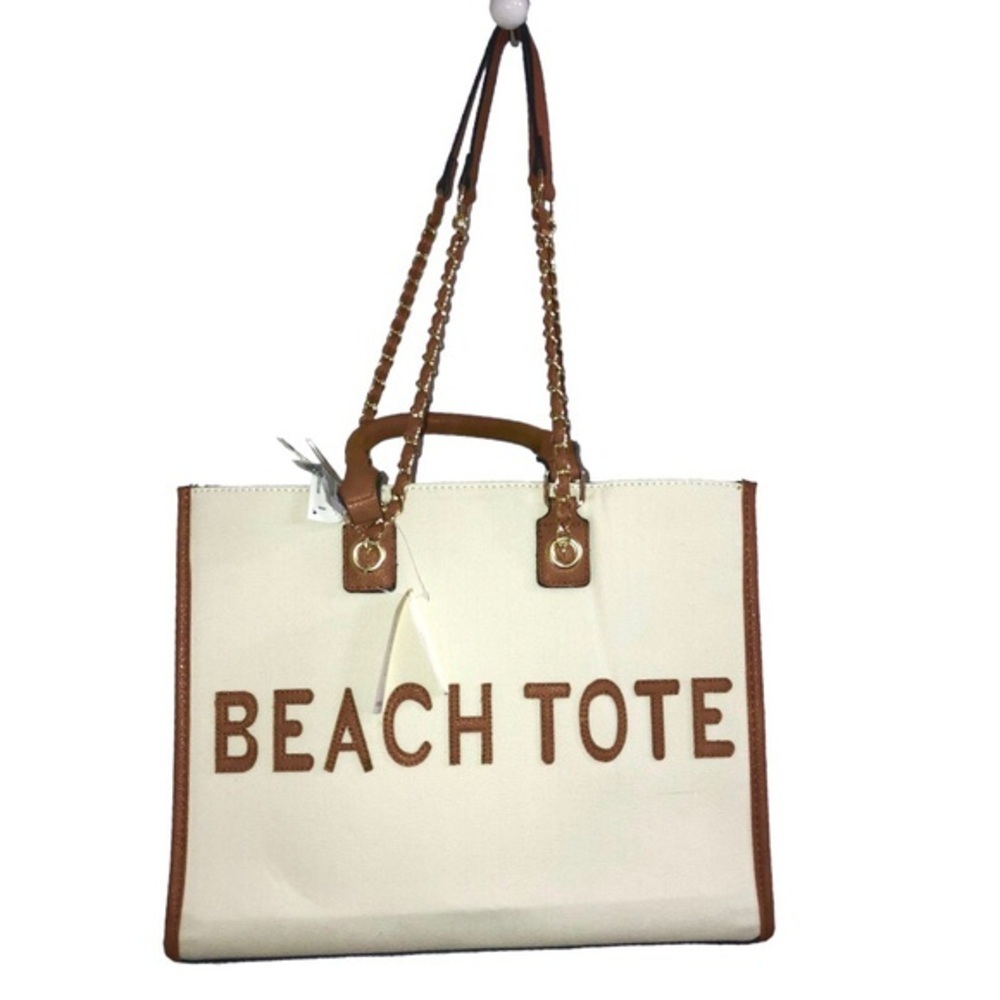 Cee Klein canvas brown trim gold chain strap crossbody ‘beach tote’ tote bag - Picture 13 of 16